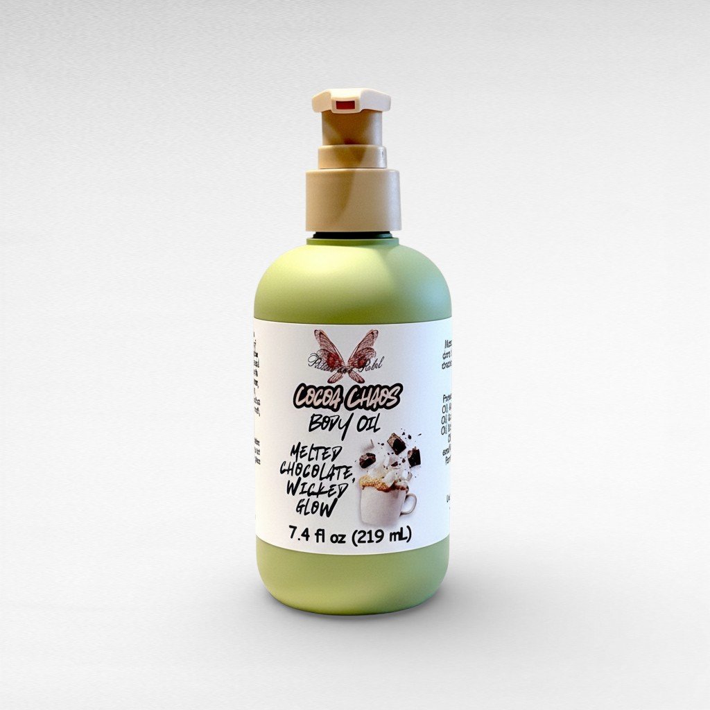 Cocoa Chaos Body Oil by Ritual and Rebel 7.4 fl oz green bottle with pump white background