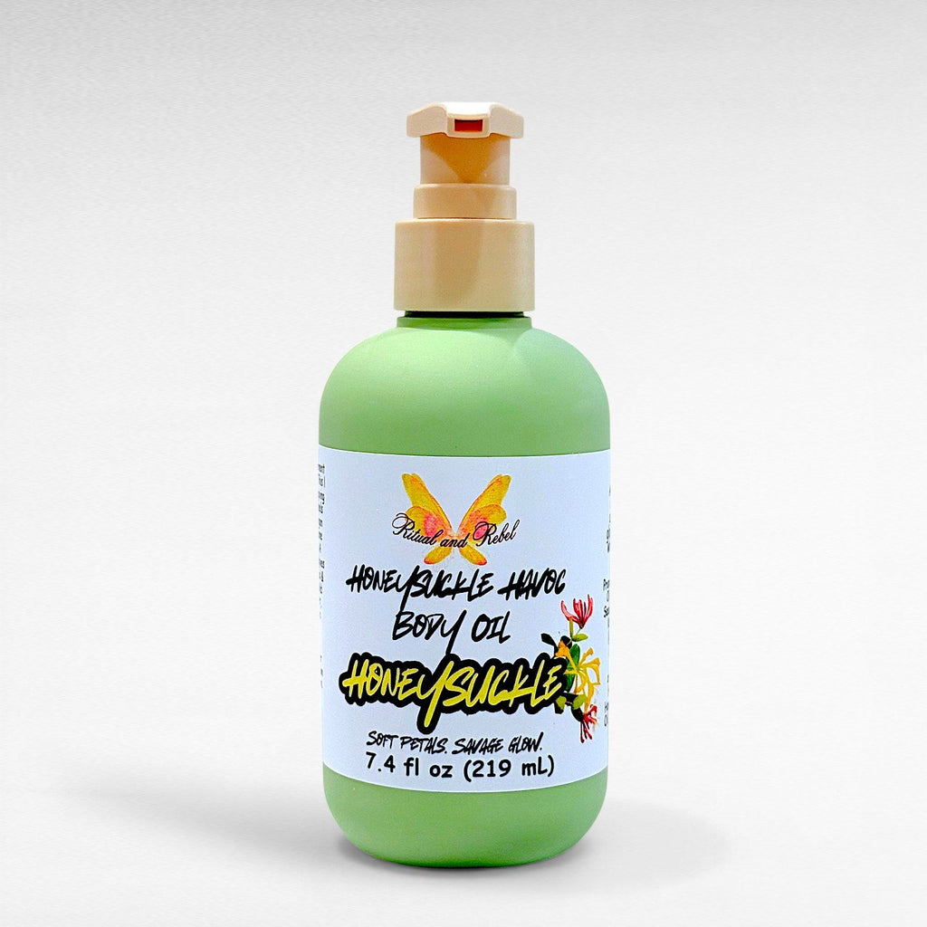 Honeysuckle Havoc Body Oil by Ritual and Rebel green bottle with beige pump  7.4 fl oz