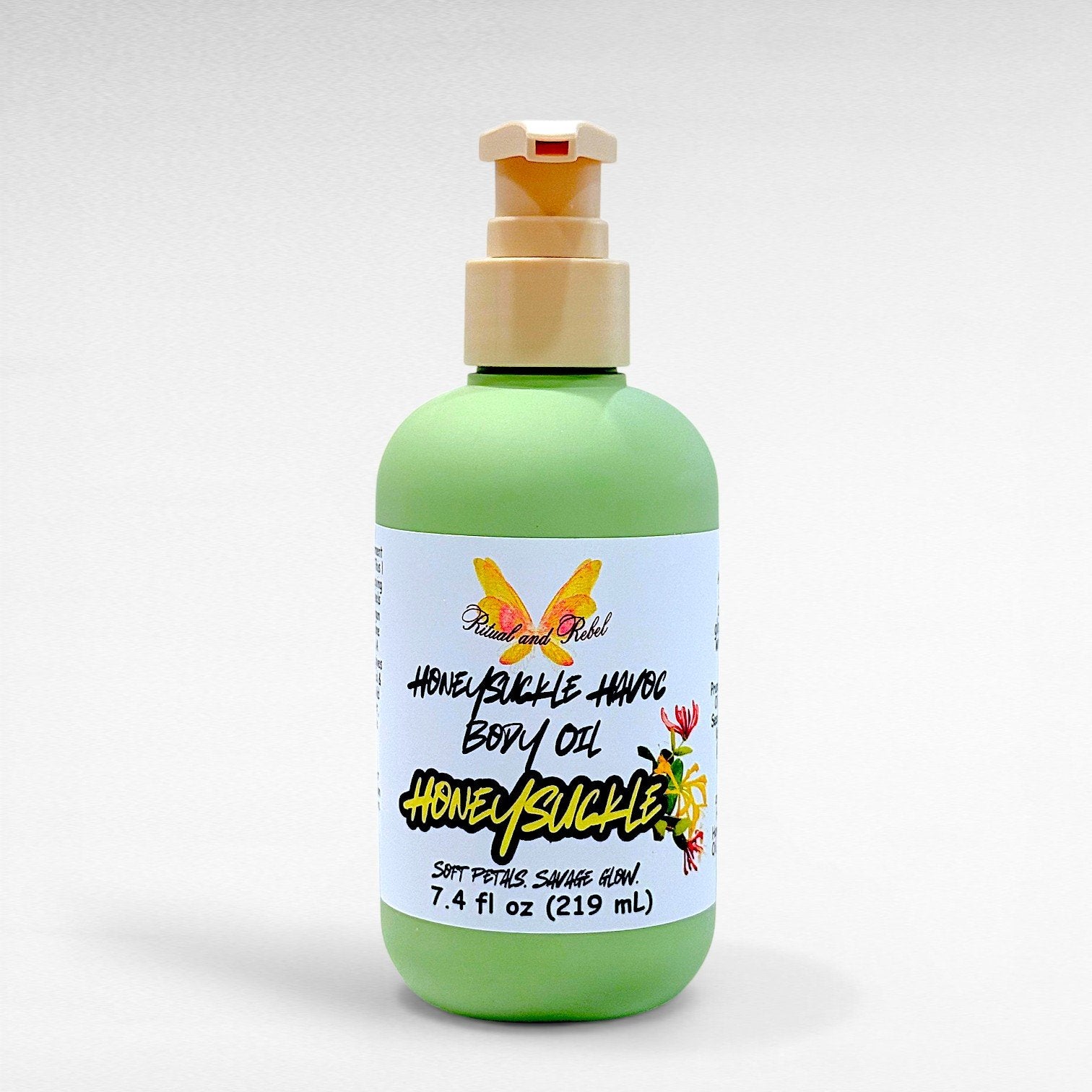 Honeysuckle Havoc Body Oil by Ritual and Rebel green bottle with beige pump  7.4 fl oz