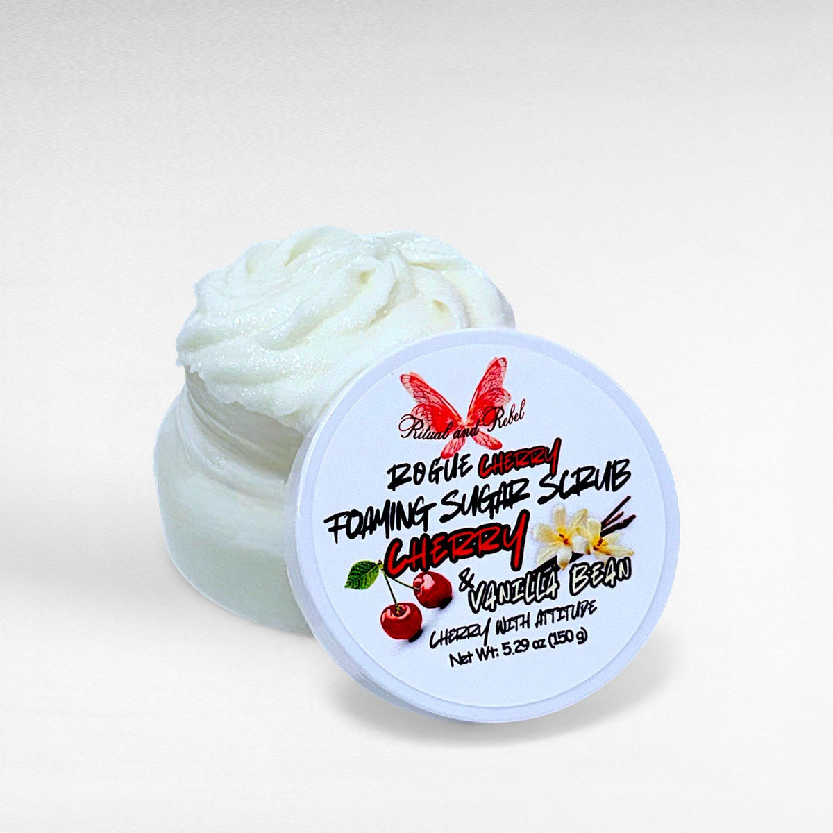 Rogue Cherry Foaming Sugar Scrub from Ritual and Rebel white scrub in clear plastic jar with white top with label 5.29 oz