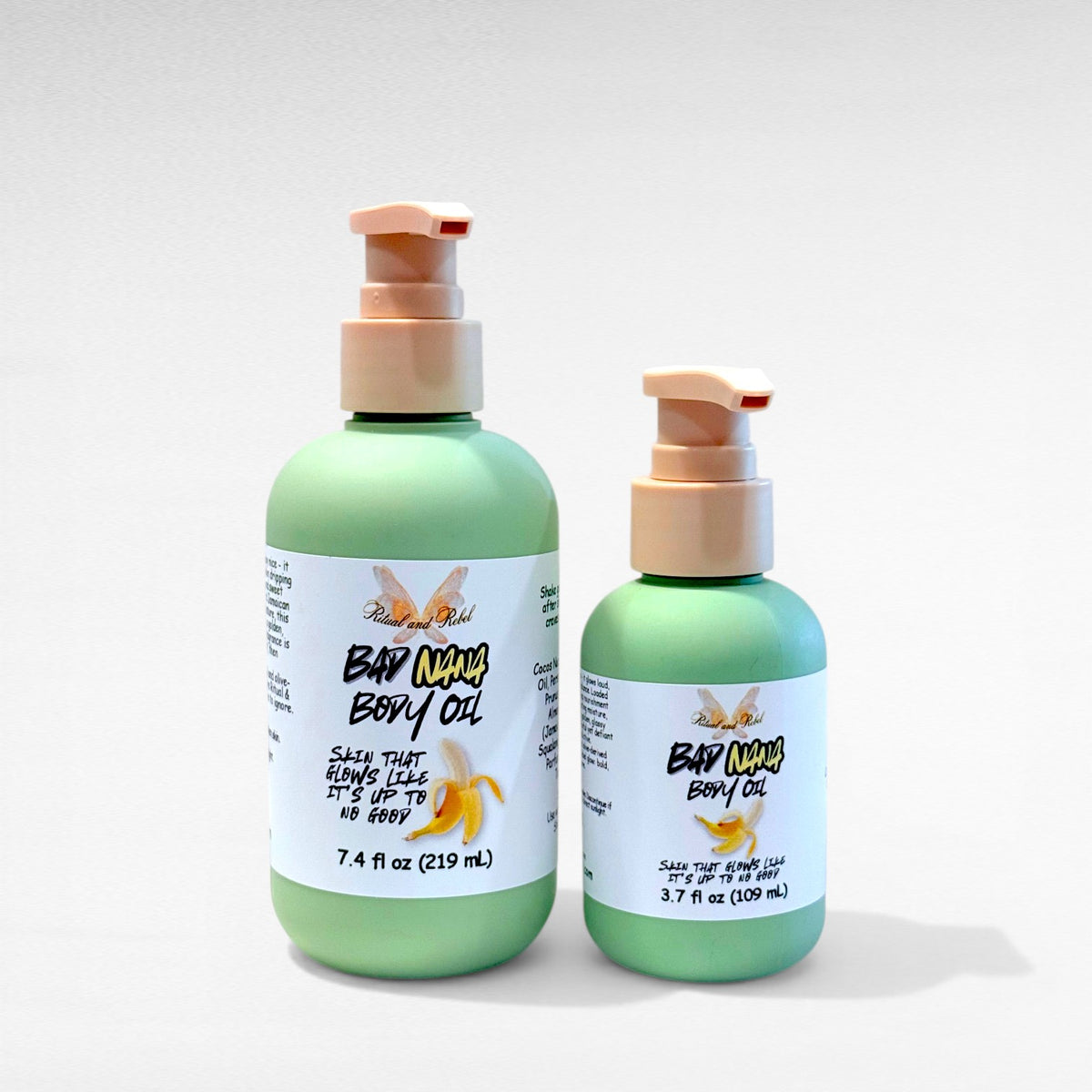 Bad Nana Body Oil by Ritual and Rebel 2 green bottles 7.4 and 3.7 fl oz with beige pumps and white background