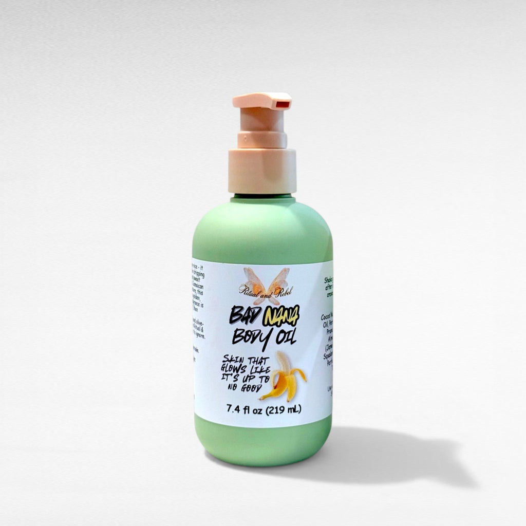 Bad Nana Body Oil by Ritual and Rebel green bottle with beige pump 7.4 fl oz with white background
