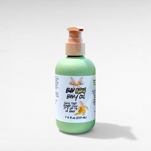 Bad Nana Body Oil by Ritual and Rebel green bottle with beige pump 7.4 fl oz with white background