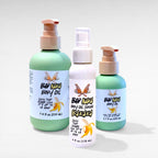 Bad Nana Body Oil by Ritual and Rebel 2 green bottles 7.4 and 3.7 fl oz and 1 white tall plastic serum pump bottle 4 fl oz white background