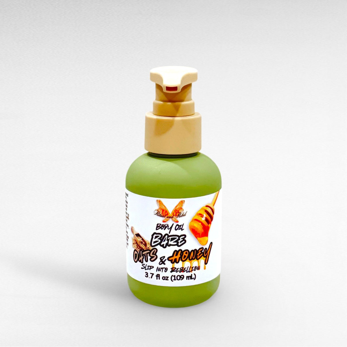 Bare Oats & Honey Body Oil by Ritual and Rebel. green bottle with pump 3.7 fl oz