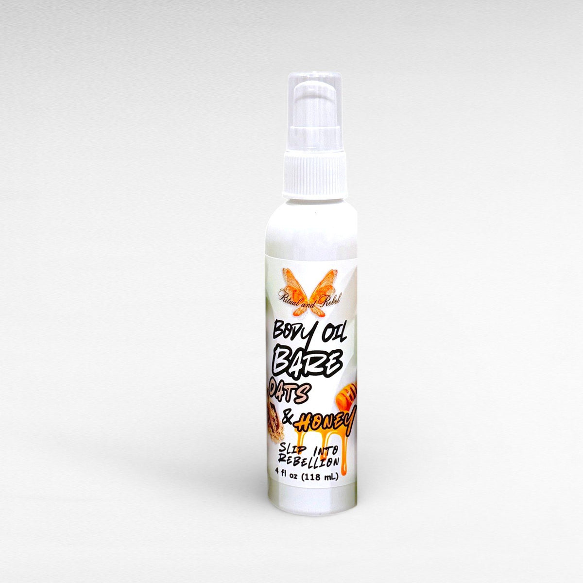 Bare Oats & Honey Body Oil by Ritual and Rebel. white plastic bottle with pump 4 fl oz