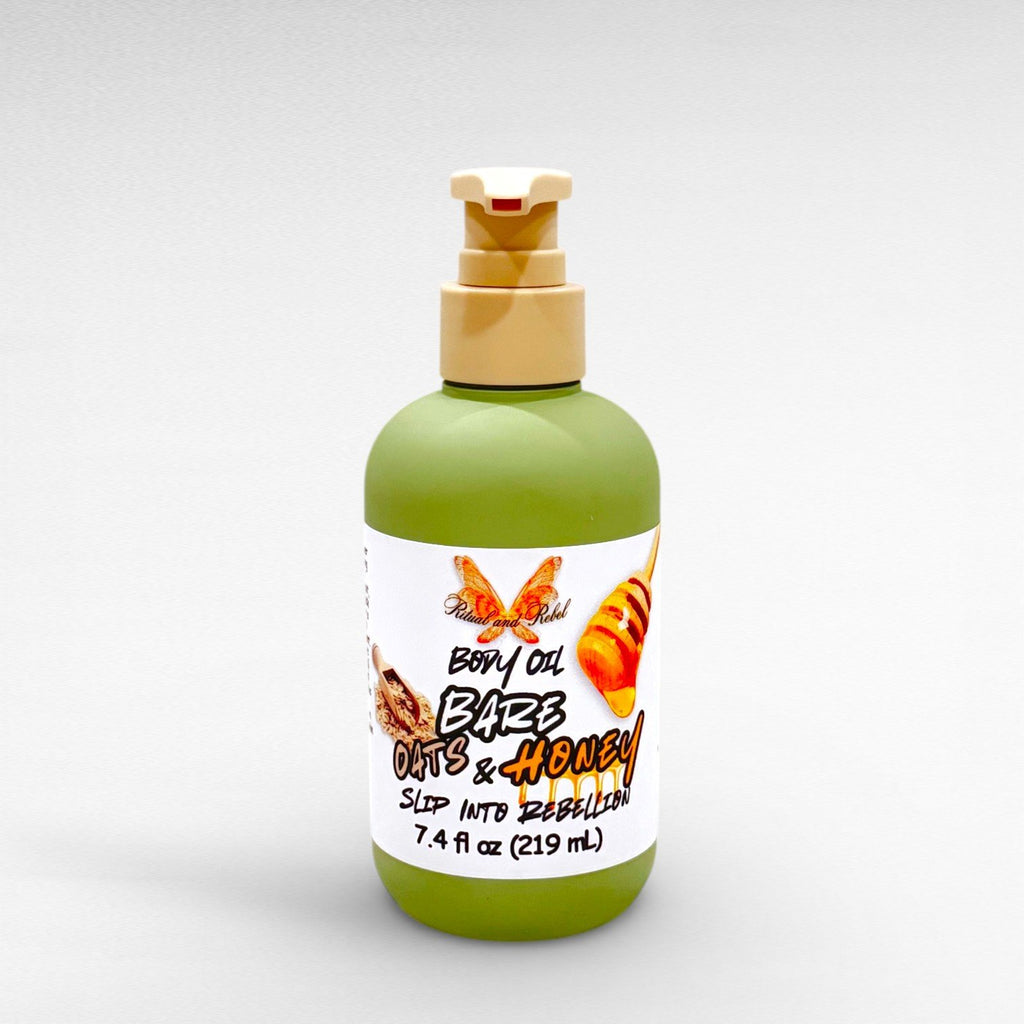 Bare Oats & Honey Body Oil by Ritual and Rebel. green bottle with pump 7.4 fl oz