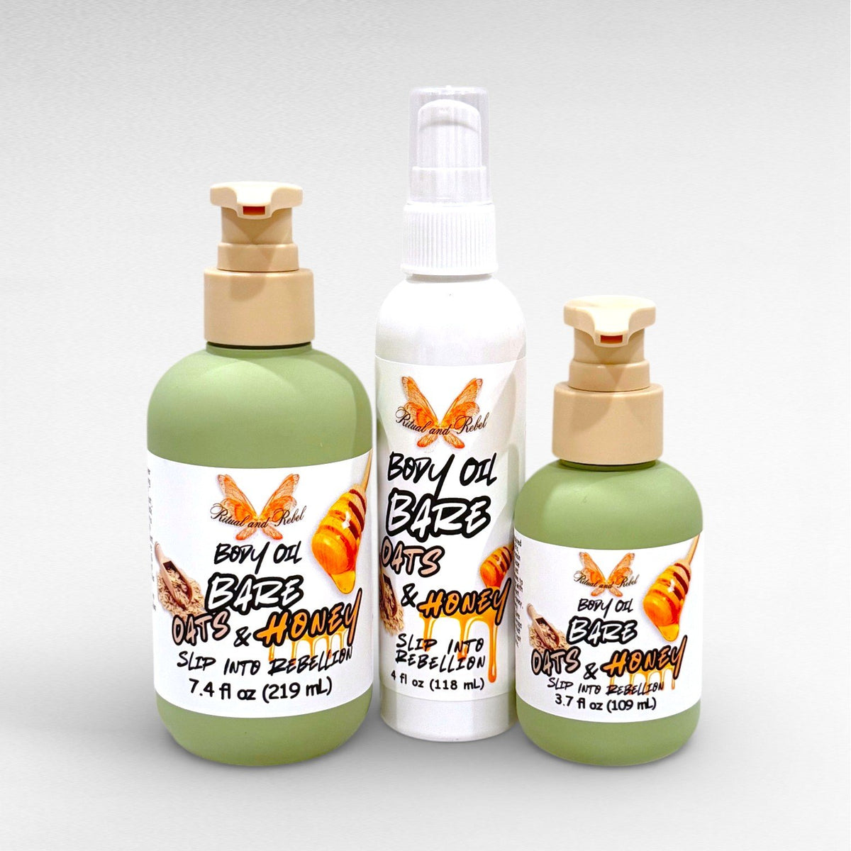 Bare Oats & Honey Body Oil by Ritual and Rebel. 3 size pump bottles 7.4, 4, and 3.7 fl oz 