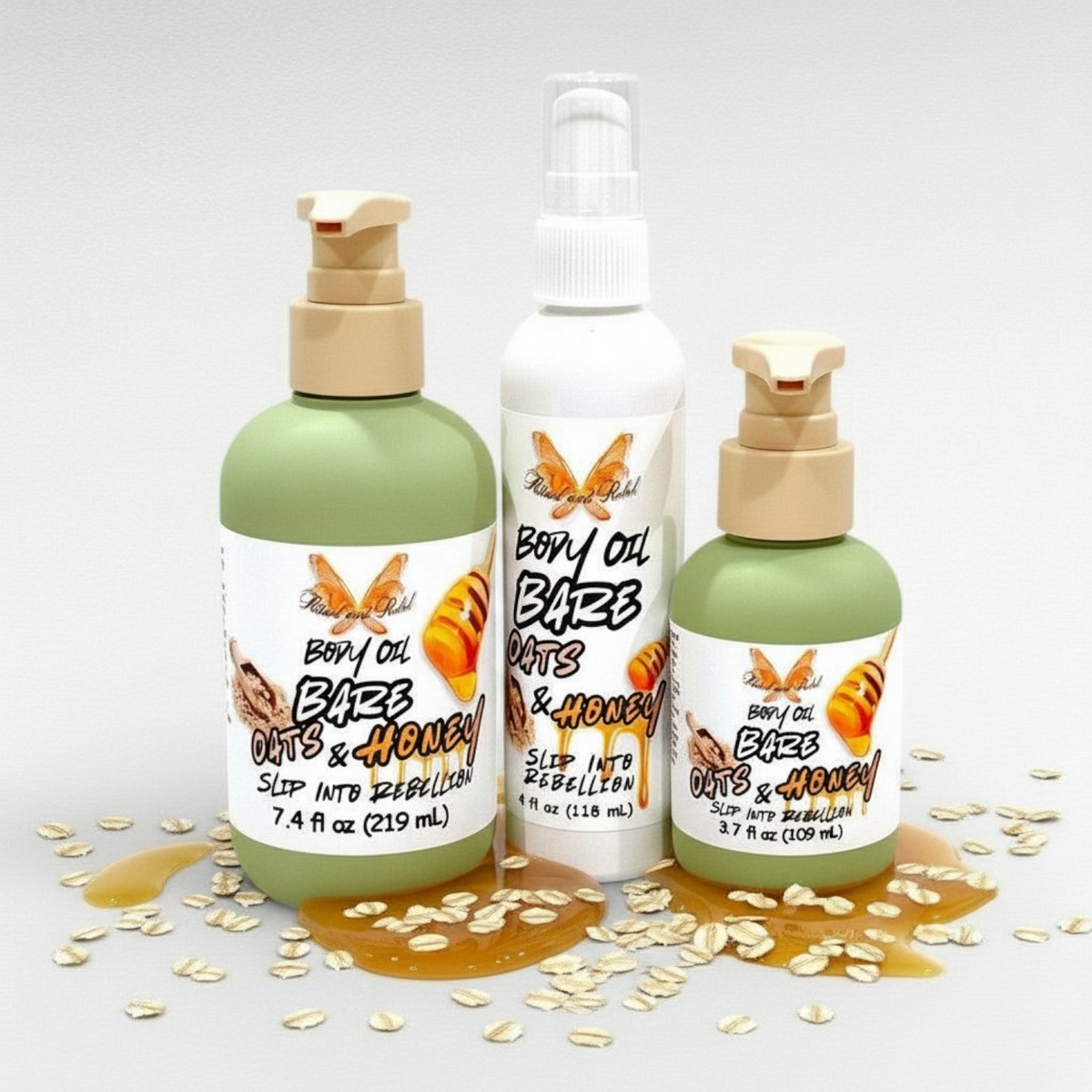 Bare Oats & Honey Body Oil by Ritual and Rebel. 3 sizes 7.4,4,3.7 fl oz pump bottles with oats and honey surrounding bottom of bottles