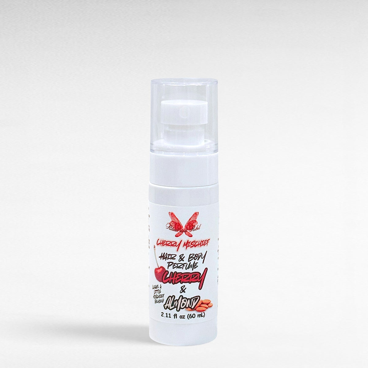 cherry almond hair body perfume in white spray bottle with pump top 2.11 fl oz