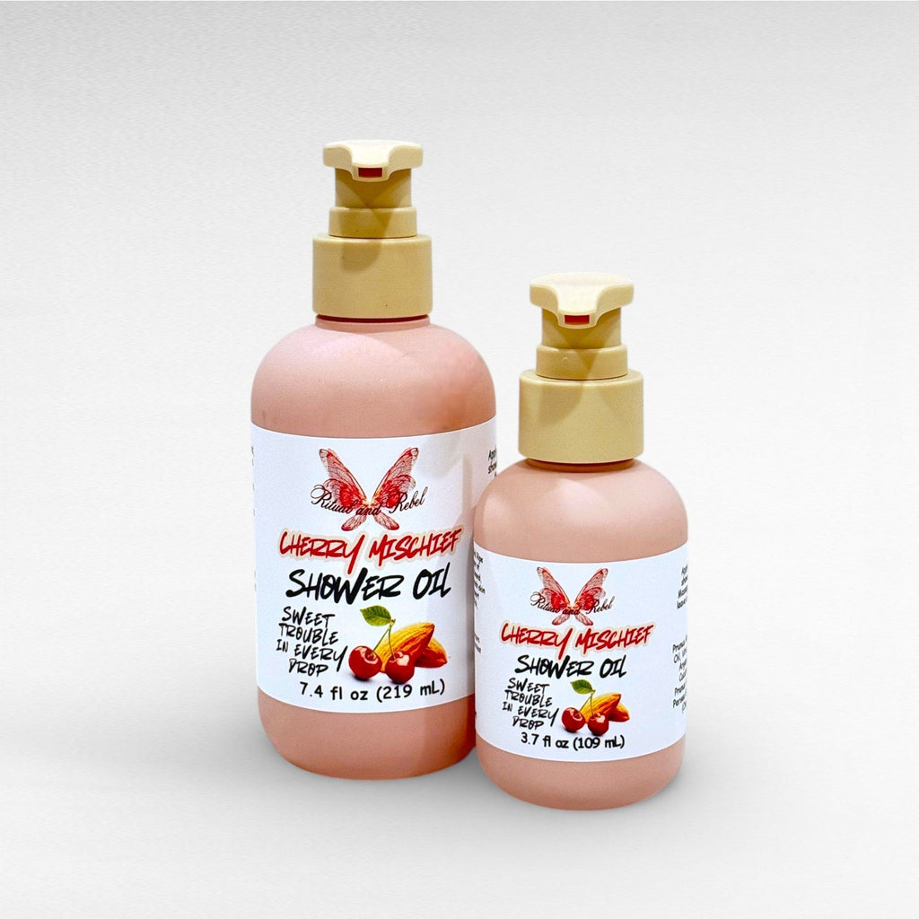 Cherry Mischief Shower Oil by Ritual and Rebel 2 bottles with pumps 7.4 and 3.7 fl oz