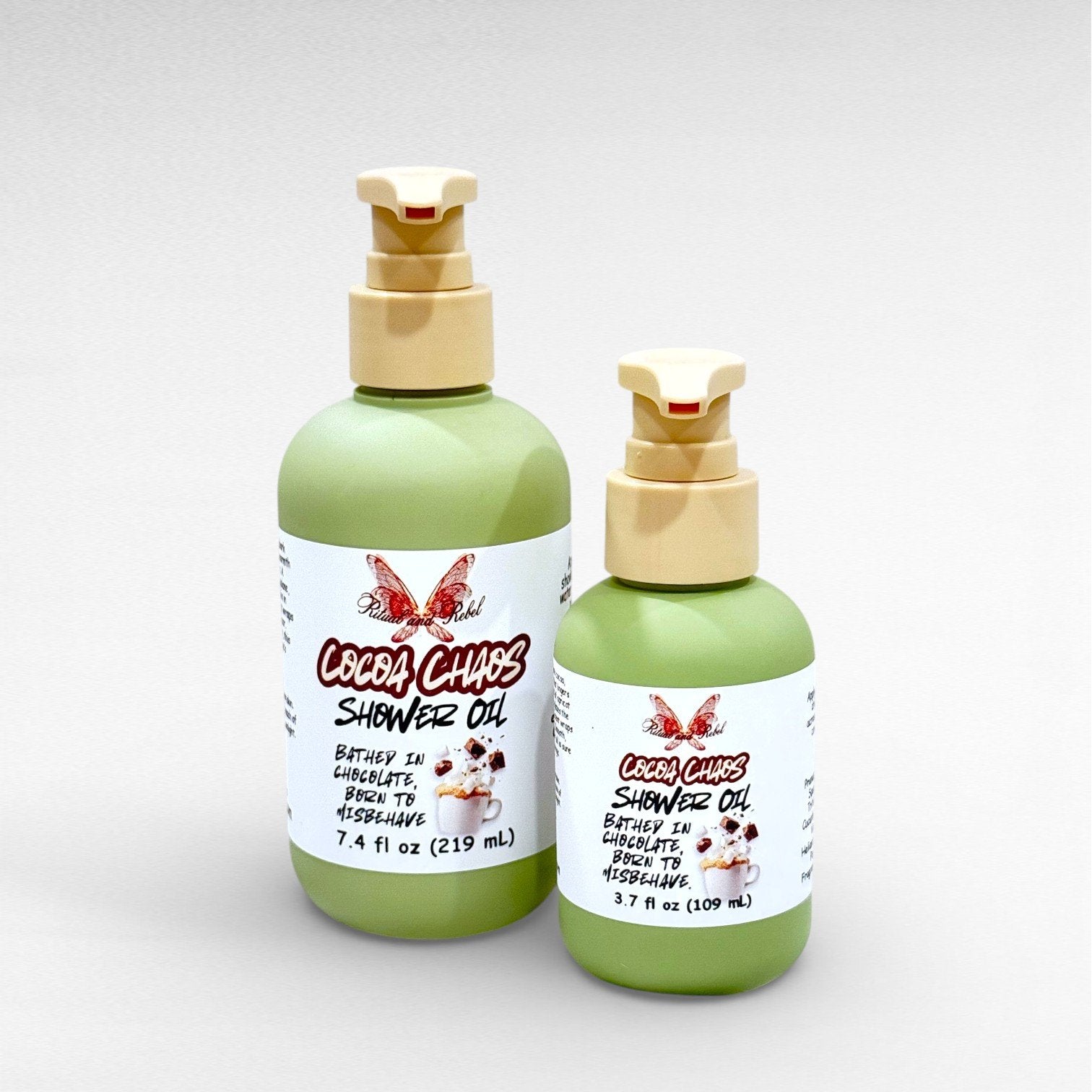 Cocoa Chaos Shower Oil by Ritual and Rebel 2 green bottles with beige pumps 7.4 and 3.7 fl oz