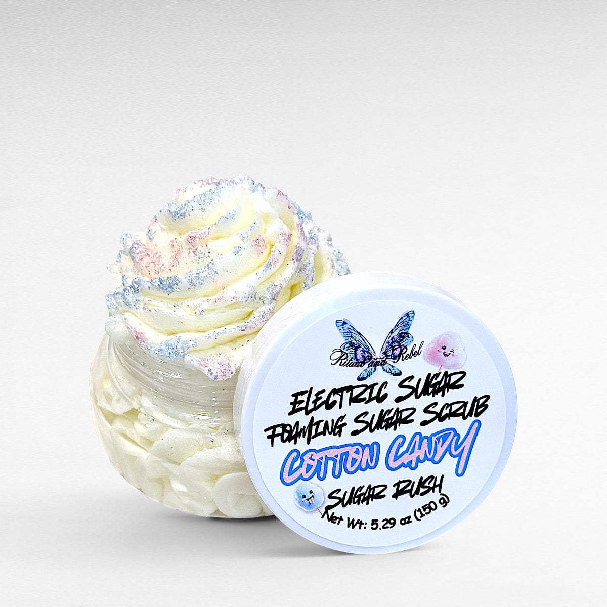 Electric Sugar Foaming Sugar Scrub by Ritual and Rebel body butter in clear plastic jar with white lid  5.29 oz size jar