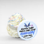 Electric Sugar Foaming Sugar Scrub by Ritual and Rebel body butter in clear plastic jar with white lid  5.29 oz size jar