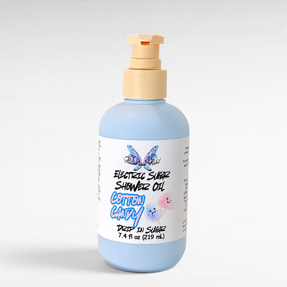 Electric Sugar Cotton Candy Shower Oil by Ritual and Rebel bottle with pump 7.4 fl oz with a white label on a light gray background