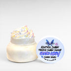 Electric Sugar Foaming Sugar Scrub by Ritual and Rebel body butter in clear plastic jar with white lid 8 oz