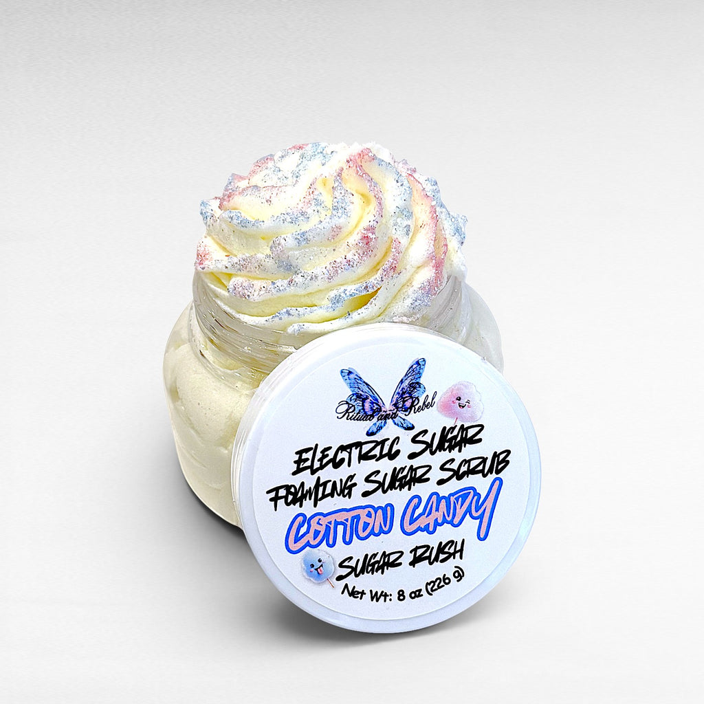 Electric Sugar Foaming Sugar Scrub by Ritual and Rebel body butter in clear plastic jar with white lid  8 oz size