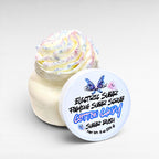 Electric Sugar Foaming Sugar Scrub by Ritual and Rebel body butter in clear plastic jar with white lid  8 oz jar