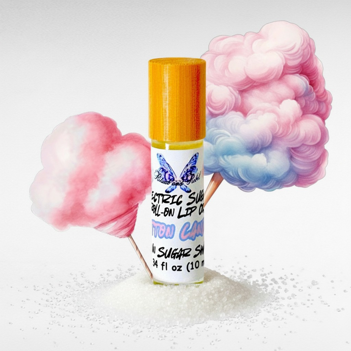 Electric Sugar cotton candy roll-on lip oil by Ritual and Rebel with glossy pink candy-inspired aesthetic on a white background with cotton candy images and sugar