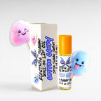 Electric Sugar cotton candy roll-on lip oil by Ritual and Rebel with glossy pink candy-inspired aesthetic on a white background with cartoon images of cotton candy and product box