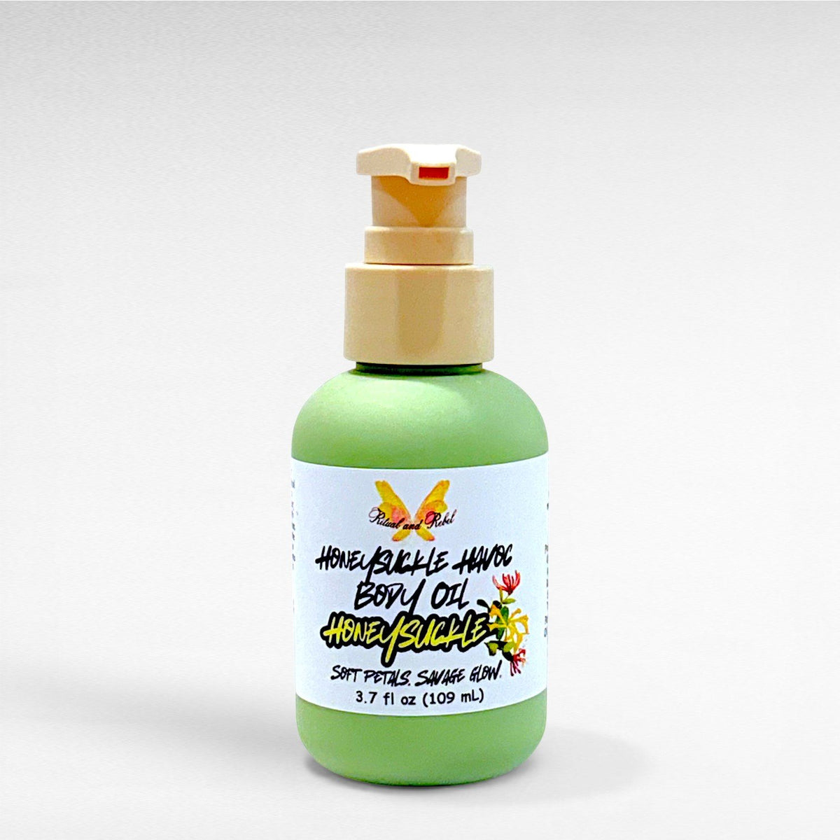 Honeysuckle Havoc Body Oil by Ritual and Rebel green bottle with beige pump 3.7 fl oz