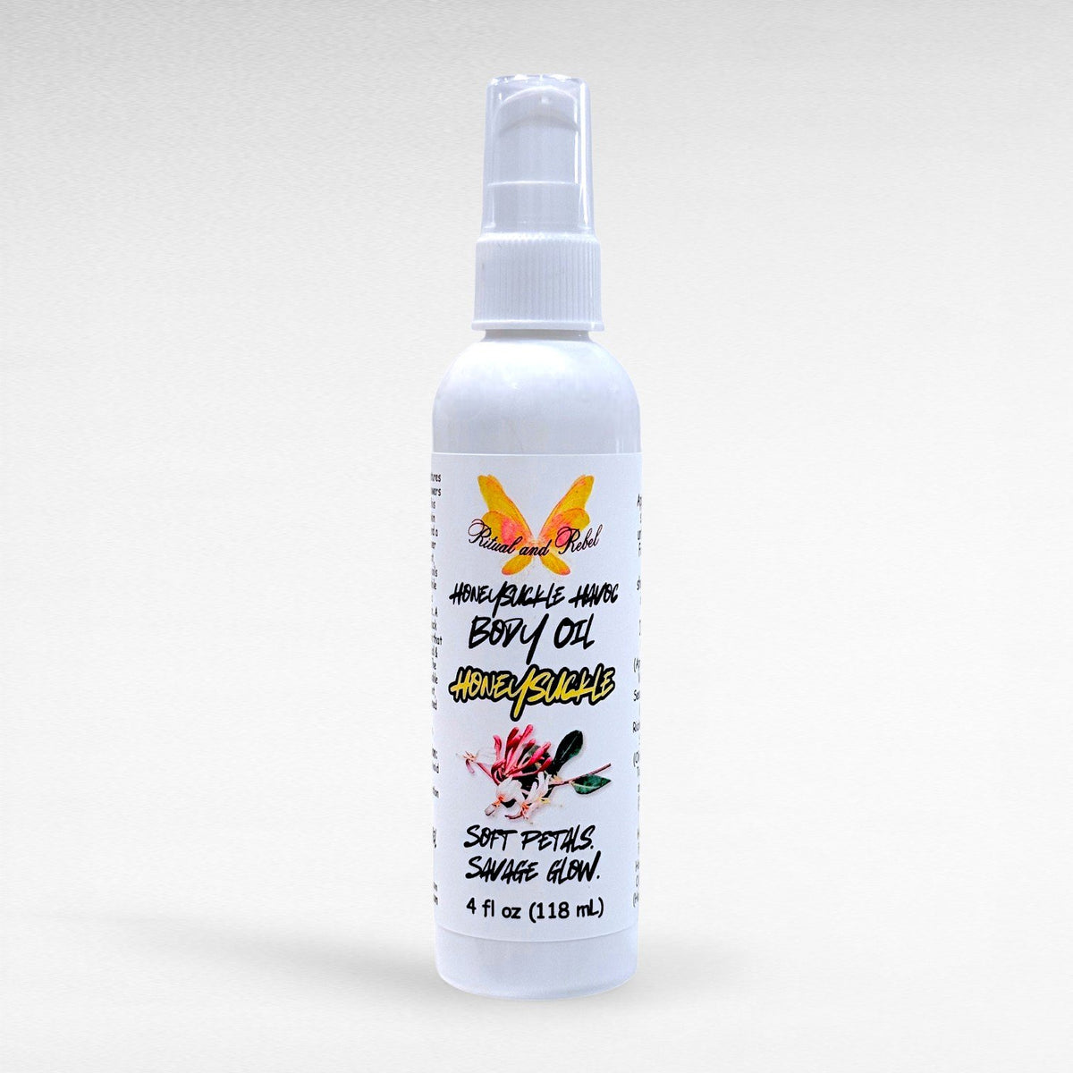 Honeysuckle Havoc Body Oil by Ritual and Rebel tall white bottle with serum pump 4 fl oz 