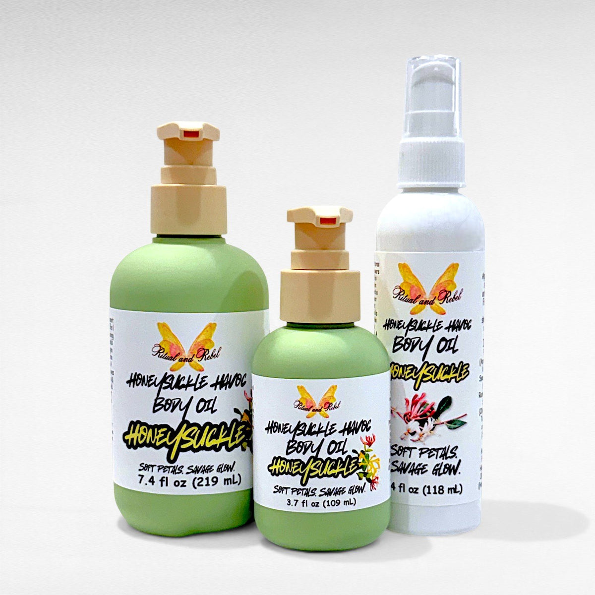 Honeysuckle Havoc Body Oil by Ritual and Rebel 2 green bottles with pumps 7.4 and 3.7 fl oz and one white bottle with serum pump 4 fl oz