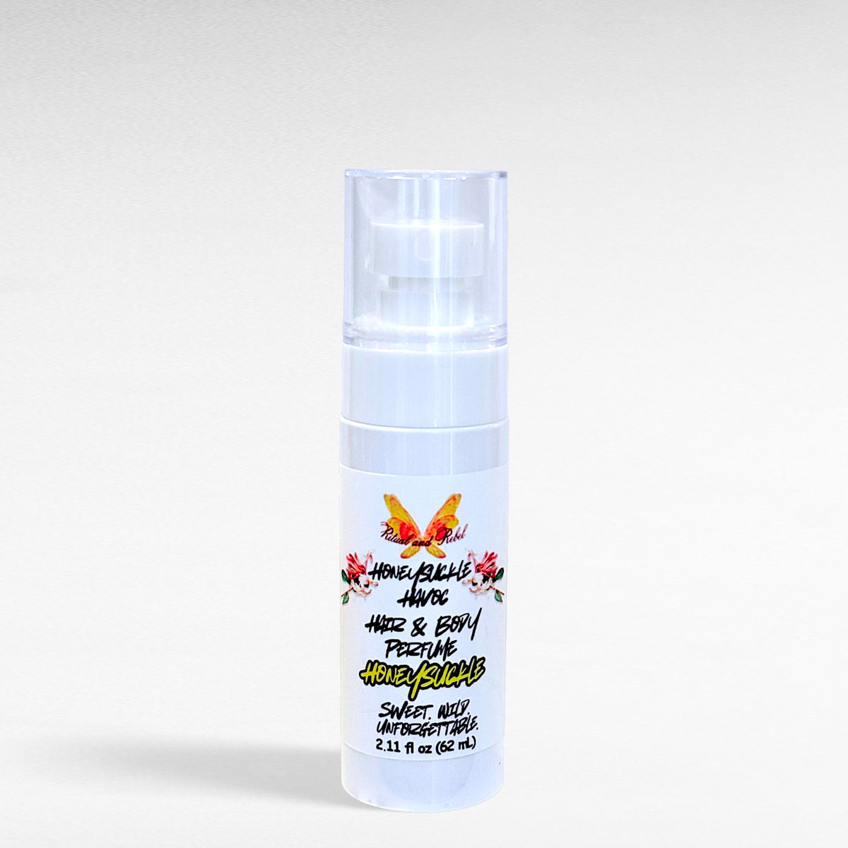 White 2.11 fl oz spray bottle called Honeysuckle Havoc by Ritual and Rebel