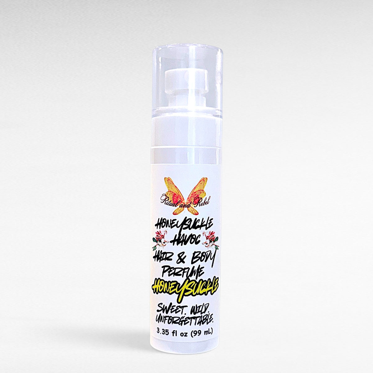 A white pump bottle of Honeysuckle Hair & Body Perfume 'Honeysuckle Havoc' 3.35fl oz with a clear cap, set against a light gray gradient background.