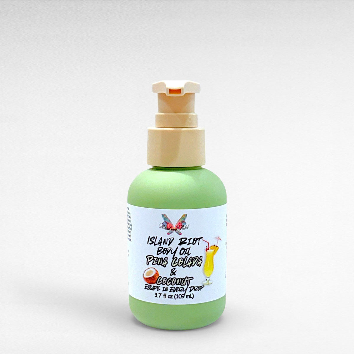 Island Riot Body Oil Pina Colada and Coconut by Ritual and Rebel 3.7 fl oz green bottle with pump