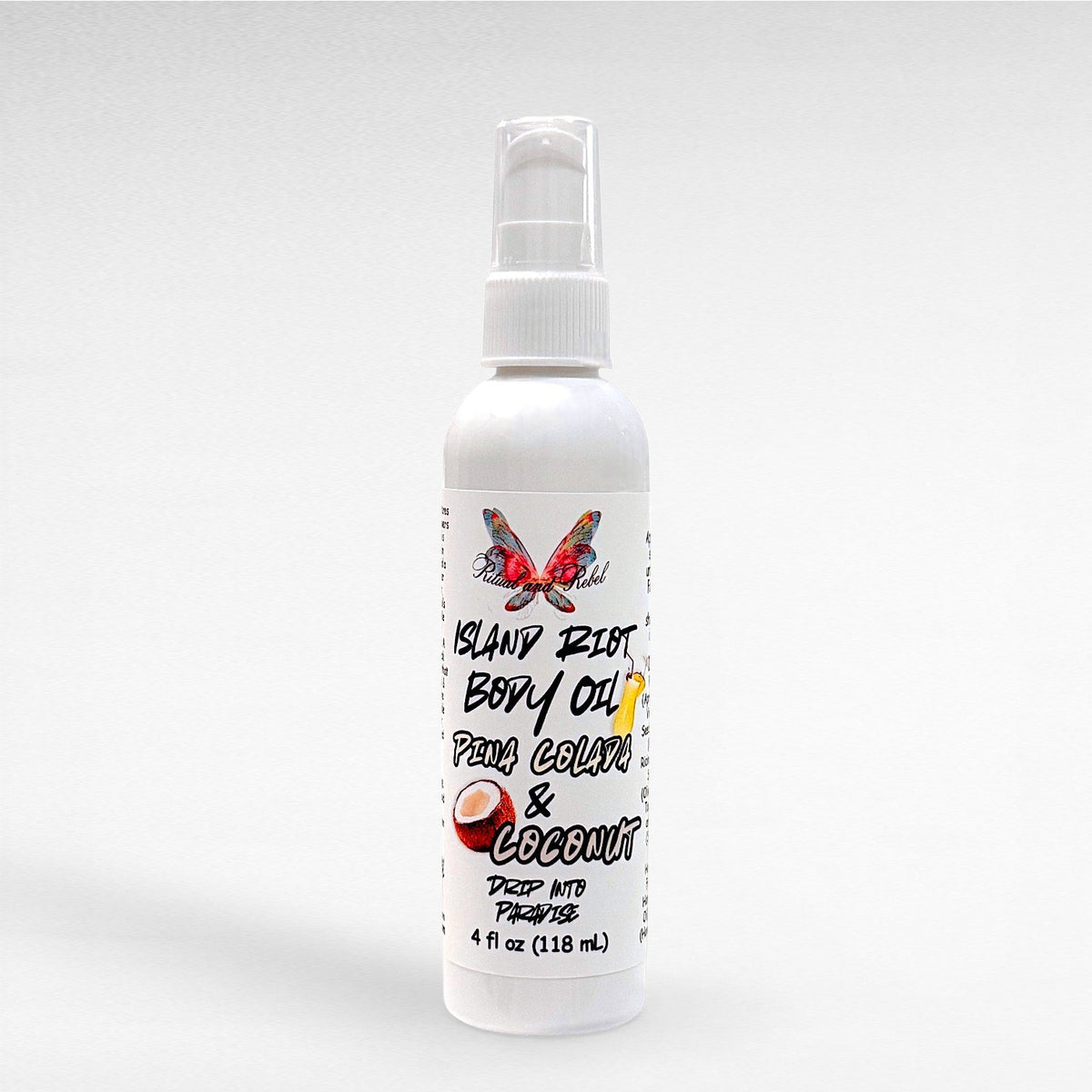 Island Riot Body Oil by Ritual and Rebel white tall plastic bottle with serum pump 4 fl oz