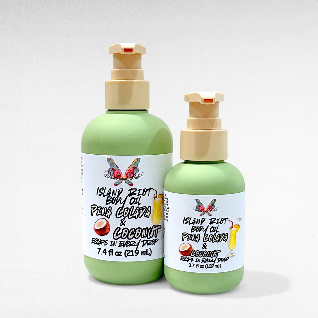 Island Riot Body Oil by Ritual and Rebel 3.7,4 and 7.4oz sizes  2 green bottles with beige pumps 