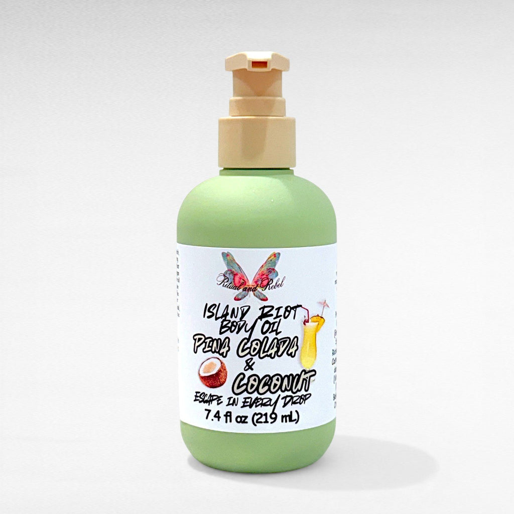 Island Riot Body Oil by Ritual and Rebel Pina Colada and Coconut scent in green bottle with beige pump 7.4 fl oz