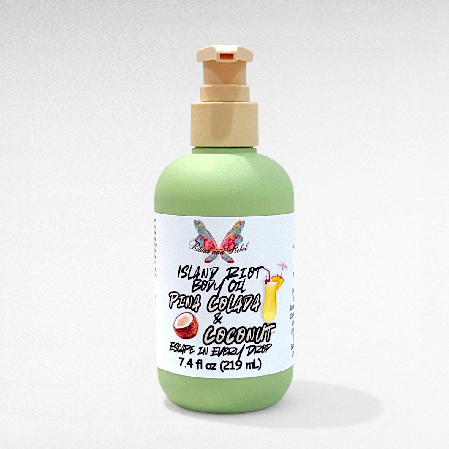 Island Riot Body Oil by Ritual and Rebel Pina Colada and Coconut scent in green bottle with beige pump 7.4 fl oz