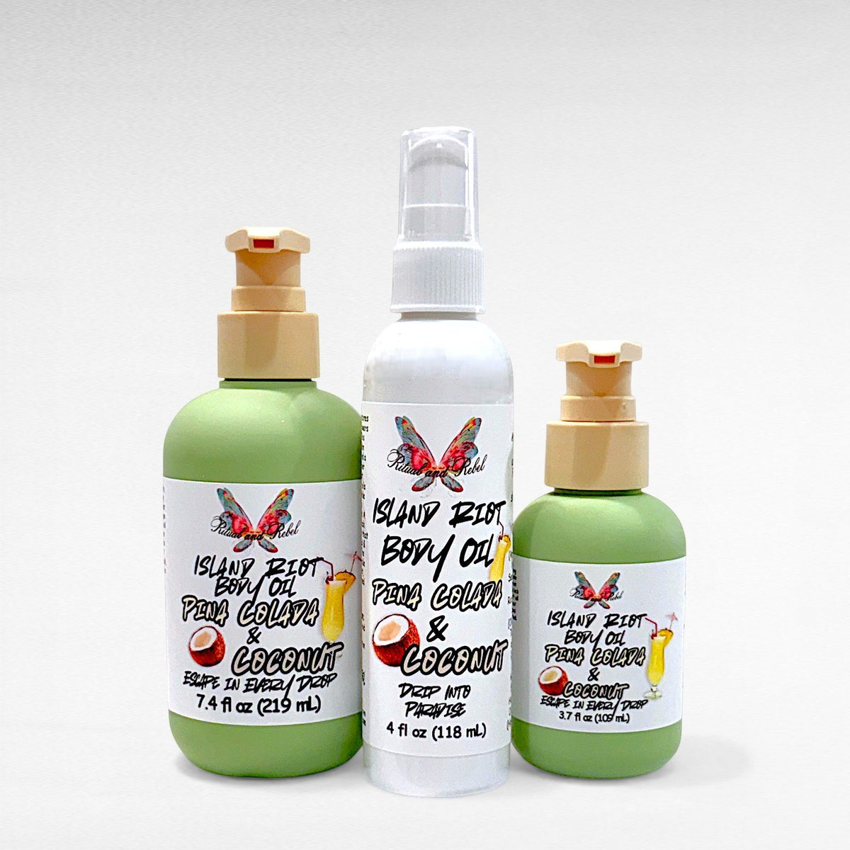 Island Riot Body Oil by Ritual and Rebel 2 green bottles with pumps and 1 white bottles with serum pump 