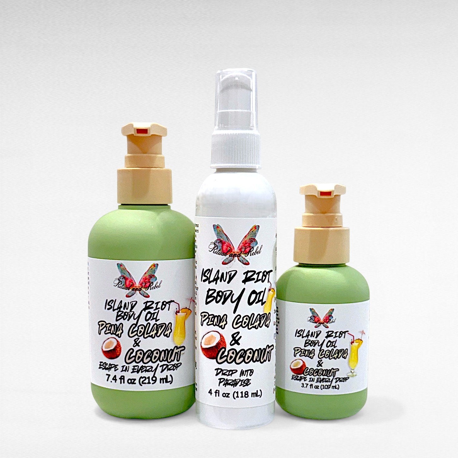 Island Riot Body Oil by Ritual and Rebel 2 green bottles with pumps and 1 white bottles with serum pump 