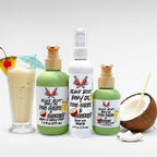 Island Riot Body Oil by Ritual and Rebel 3.7,4, and 7.4oz sizes. 2 green bottles with beige pumps and 1 tall white bottles with serum pump with a pica colada and coconut in the background