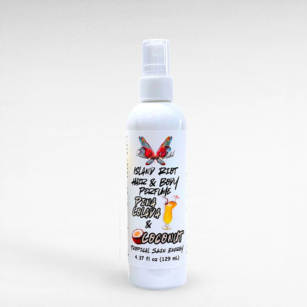 Island Riot Hair & Body Perfume by Ritual and Rebel Pina Colada and coconut white plastic spray bottle 4.37 fl oz