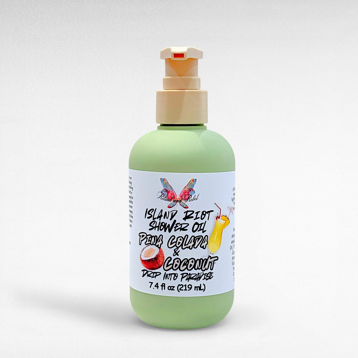 Island Riot Shower Oil by Ritual and Rebel green bottle with pump 7.4 fl oz