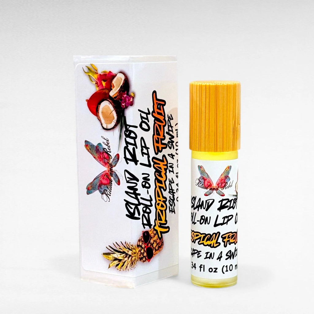 Island Riot Roll-On Lip Oil by Ritual and Rebel glass bottle with bamboo top tropical fruit flavor 10 ml
