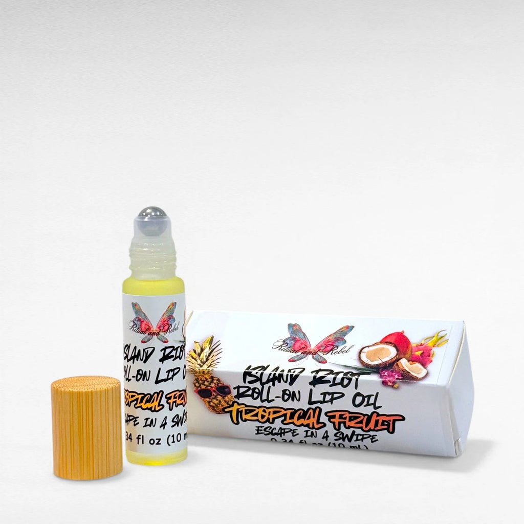 Island Riot Roll-On Lip Oil by Ritual and Rebel glass bottle with bamboo top white product box with label