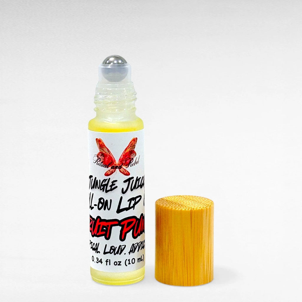 Jungle Juice Roll-On Lip Oil by Ritual and Rebel natural lip oil in glass bottle with bamboo top, fruit punch flavor 10ml