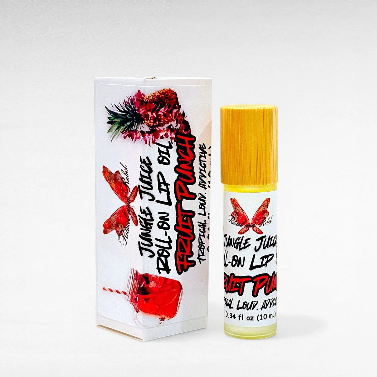Jungle Juice Roll-On Lip Oil by Ritual and Rebel natural lip oil in glass bottle with bamboo top, white product box with label, 10ml