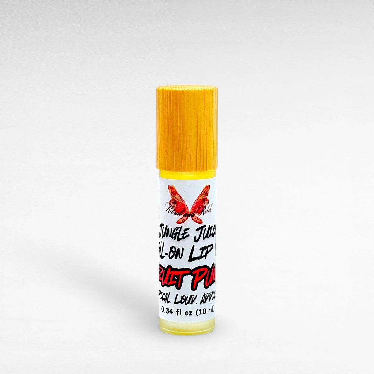 Jungle Juice Roll-On Lip Oil by Ritual and Rebel natural lip oil in glass bottle with bamboo top, fruit punch flavor 10ml