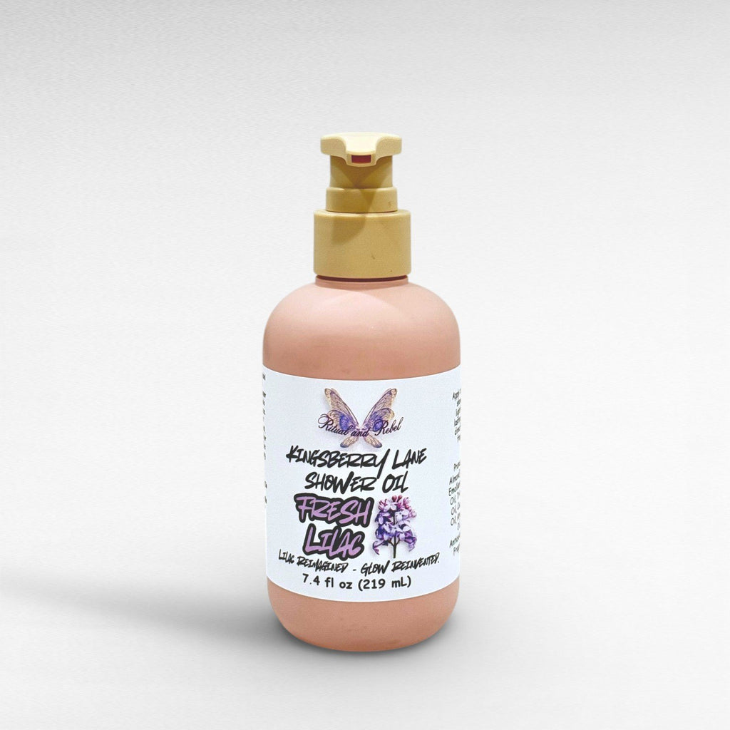 Kingsberry lane Shower Oil by Ritual and Rebel 7.4 fl oz pink bottle with beige pump