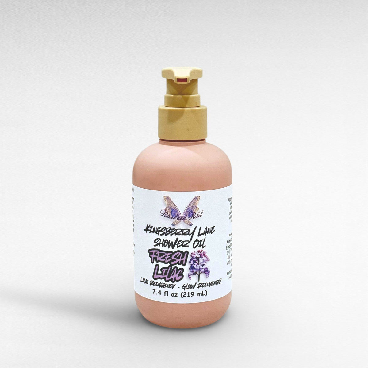 Kingsberry lane Shower Oil by Ritual and Rebel 7.4 fl oz pink bottle with beige pump