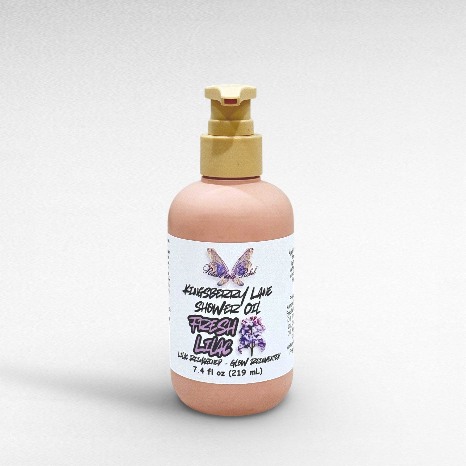 Kingsberry lane Shower Oil by Ritual and Rebel 7.4 fl oz pink bottle with beige pump
