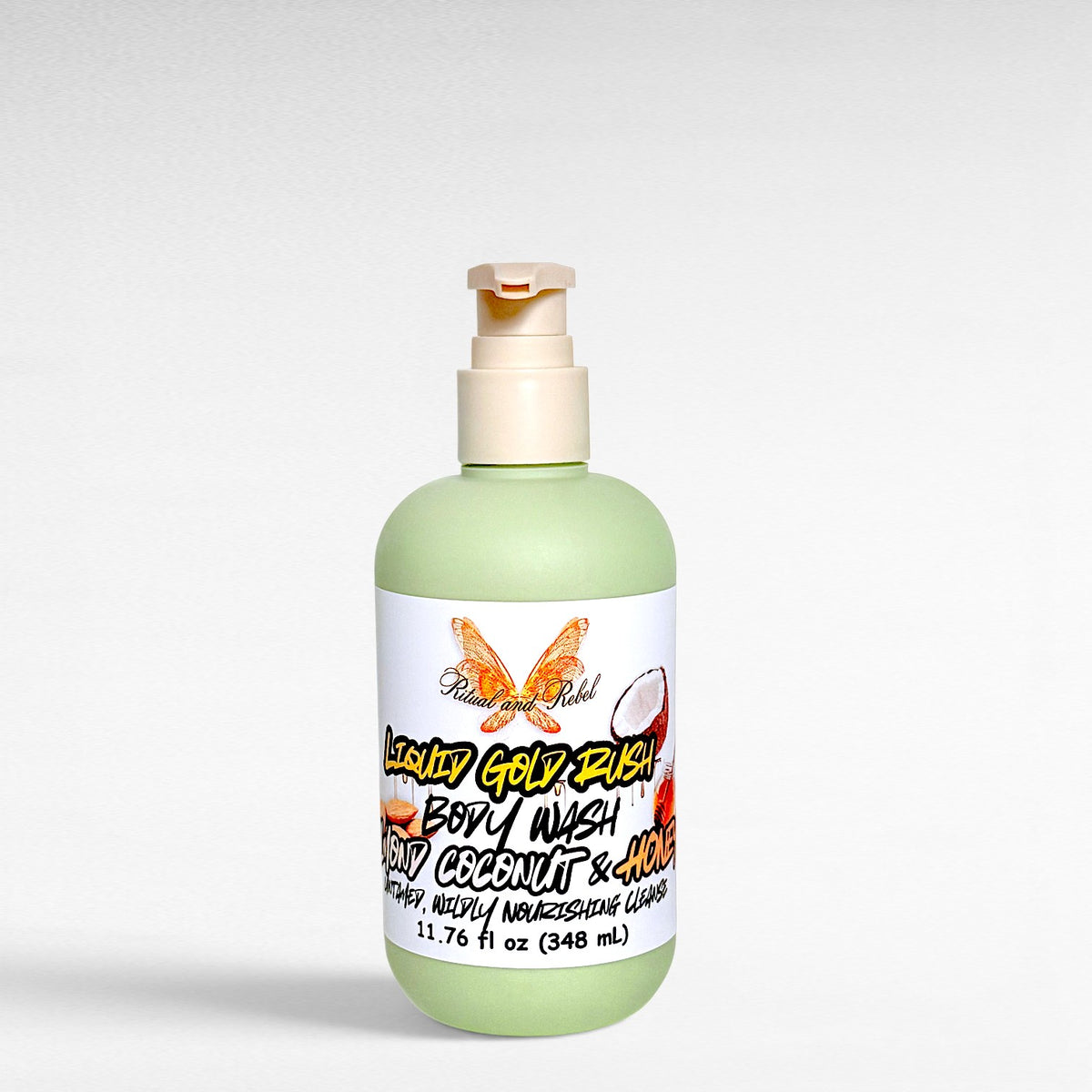 Liquid Gold Rush Body Wash by Ritual and Rebel green bottle with pump 11.76 fl oz and white background