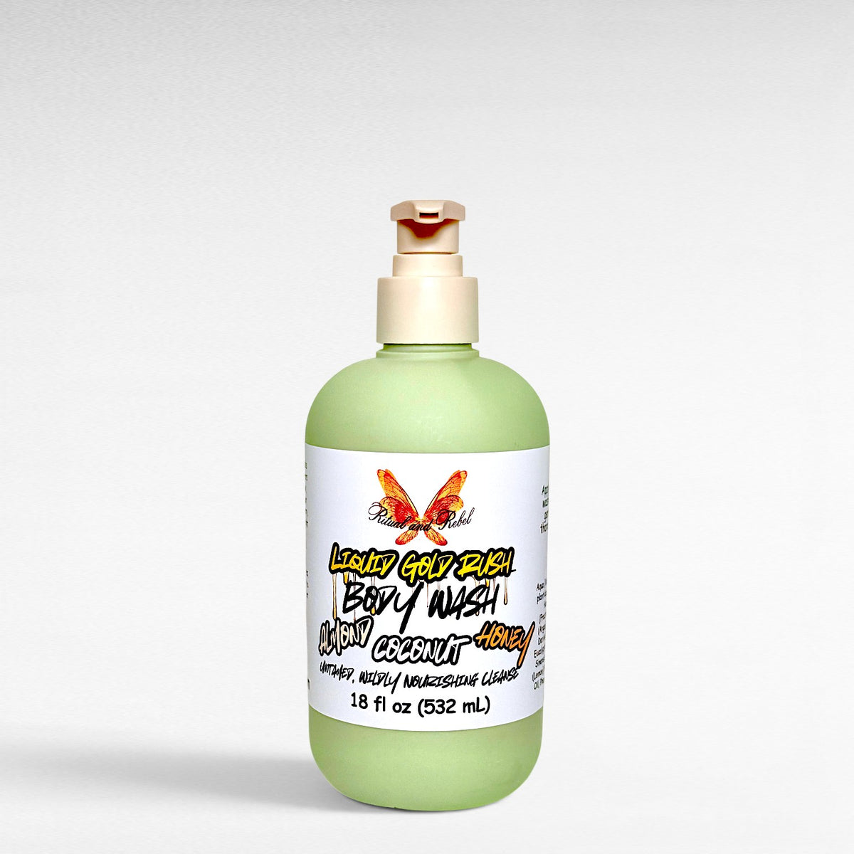 Liquid Gold Rush Body Wash by Ritual and Rebel green bottle with pump 18 fl oz and white background