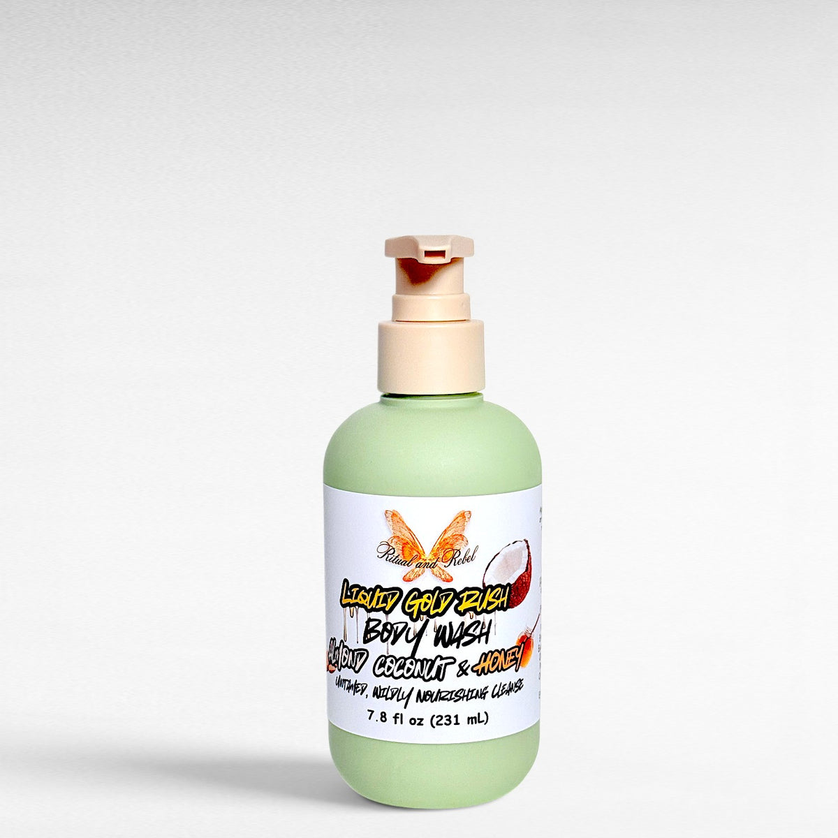 Liquid Gold Rush Body Wash by Ritual and Rebel green bottle with pump 7.8 fl oz and white background
